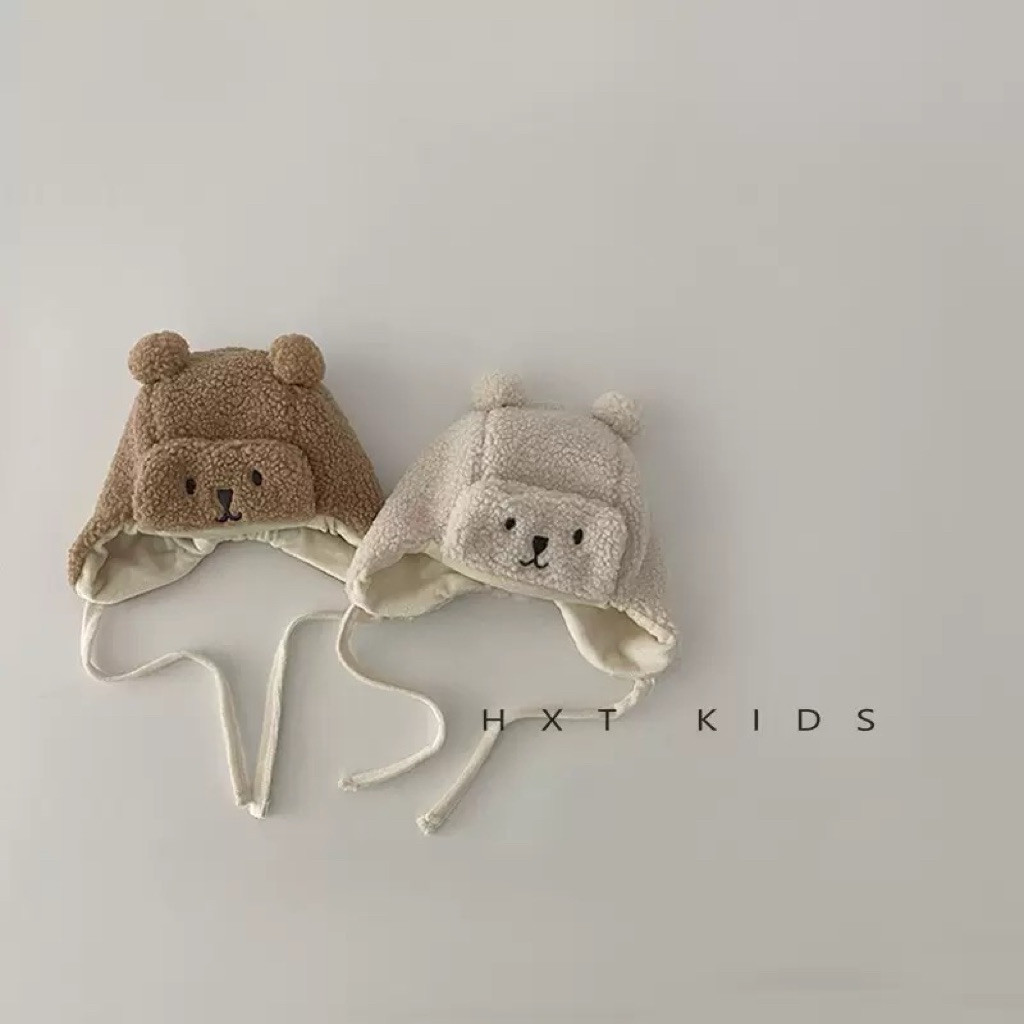 [MS004] Mũ nỉ bông ấm áp hoạ tiết gấu xinh siêu đáng yêu cho bé 1-3 tuổi