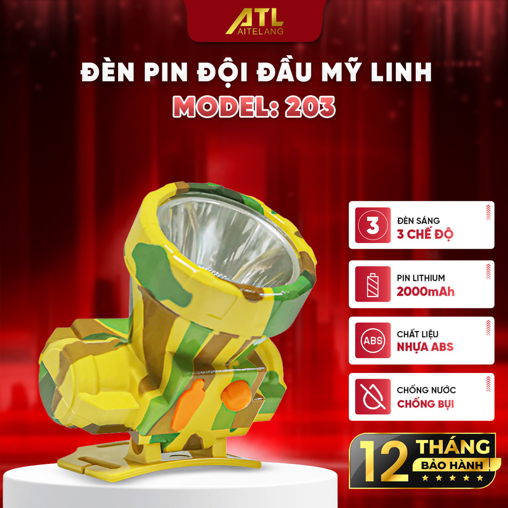 Đèn pin đội đầu siêu sáng 203 Mỹ Linh,đèn đội đầu thân nhựa ABS,3 chế độ sáng,chống nước,pin 2000mAh
