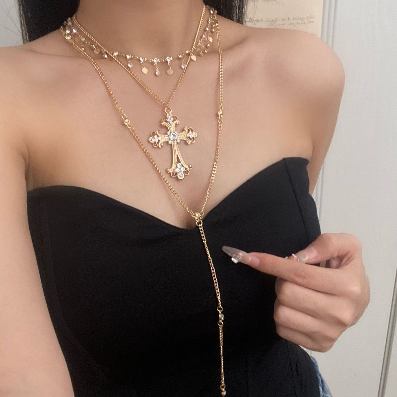 Vòng cổ chữ thập cổ điển bằng kim cương giả, thiết kế ba lớp, cảm giác sang trọng