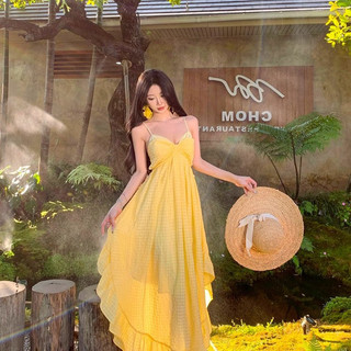 Đầm Retro Màu Vàng Lưng Sling Cho Nữ - Thích Hợp Du Lịch Và Đi Biển Mùa Hè