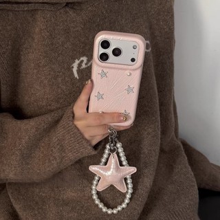 Ngọc Trai Hàn Quốc Luster Trắng Hồng Kim Cương Ngôi Sao Da PU Dây Xích Wrsit Ốp Lưng Điện Thoại iPhone 17Promax 17Pro 14 15 16 Pro Max 13 Vỏ Di Động Nữ