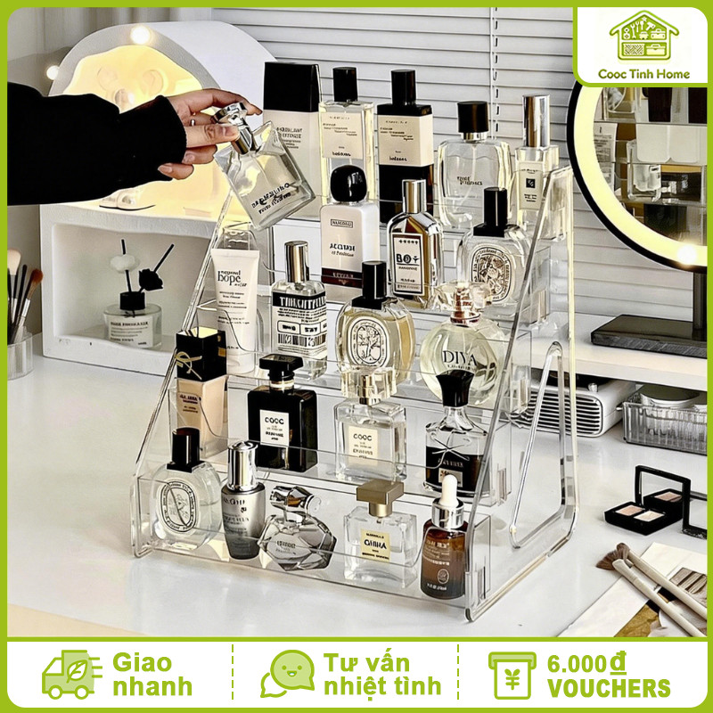 Kệ đựng mỹ phẩm nhiều tầng acrylic trong suốt thang phân cấp đựng nước hoa son môi để bàn trang điểm decor