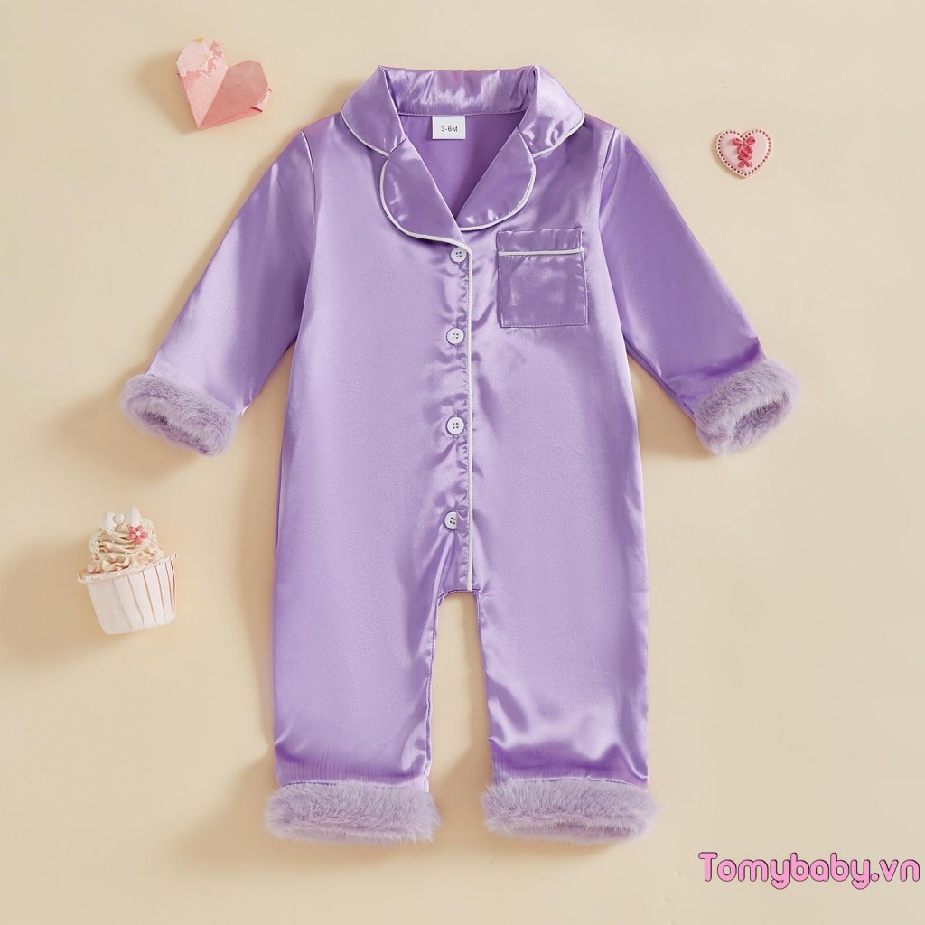 Bé Gái Tương Phản Viền Lông Viền Nút Xuống Ve Áo Cổ Chữ V Tay Dài Một Mảnh Satin Bộ Đồ Ngủ