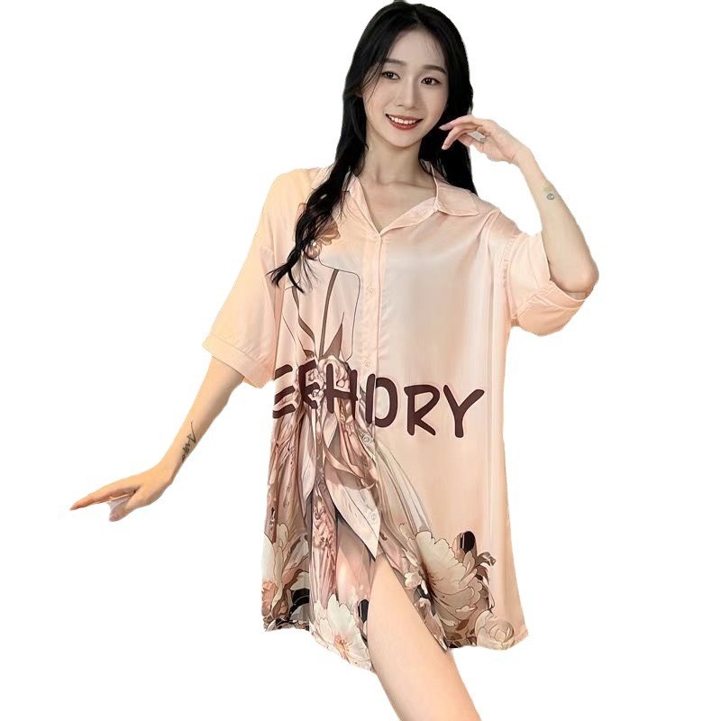 Bộ Đồ Ngủ Bé Gái Nhẹ Nhàng Sang Trọng Thoáng Mát Tay Ngắn Váy Ngủ Cổ Chữ V Phong Cách Mỏng Có Thể Mặc Bên Ngoài Băng Lụa Mát
