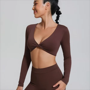 Áo Thun crop top Tay Dài Cổ Chữ v Xẻ Sâu Gợi Cảm Tập yoga Thể Dục Thể Thao