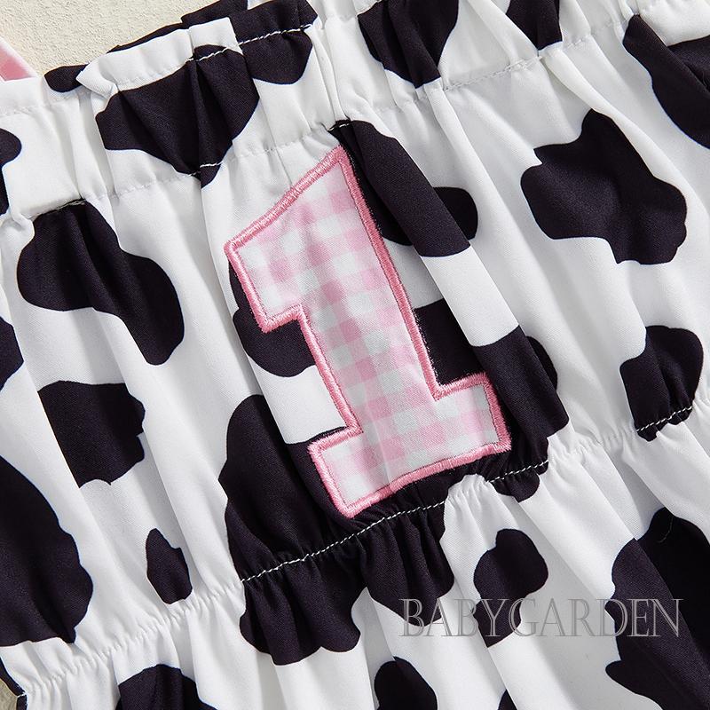 Bé Gái Sinh Nhật Áo liền quần Không Tay Dây Buộc Dây Thêu Chữ Bò In Hình Mùa Hè Playsuits Quà Tặng