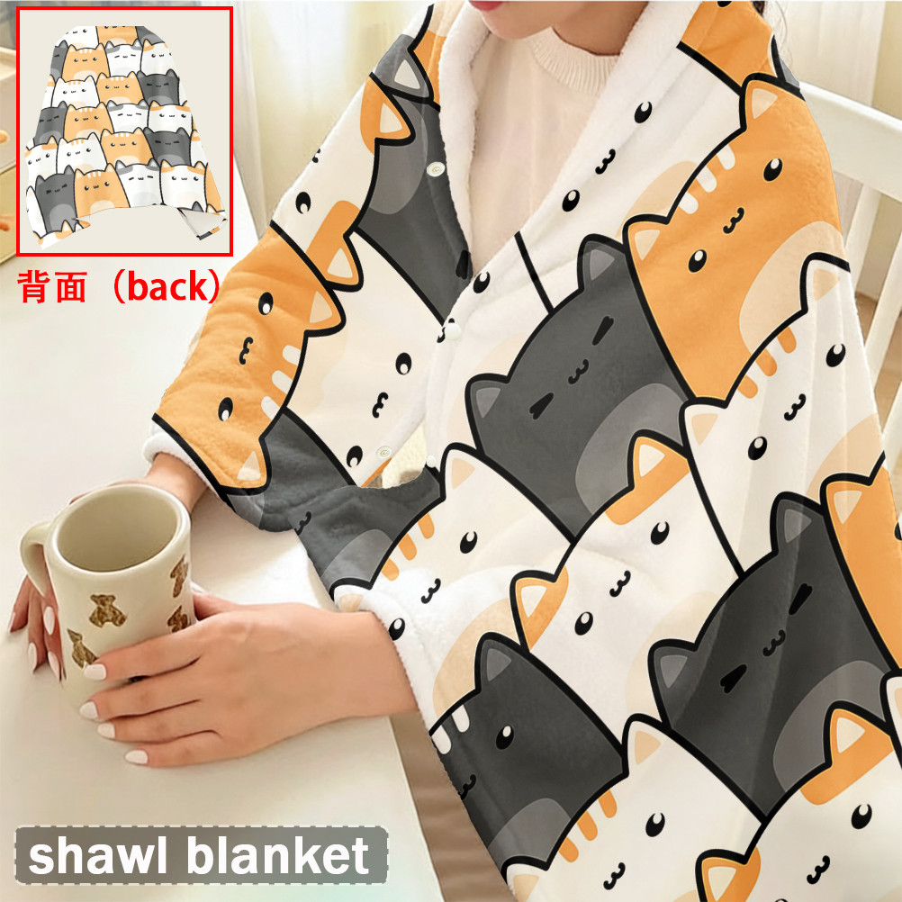 Chăn có nút bấm hình mèo hoạt hình ngộ nghĩnh, Khăn choàng Flannel đa chức năng, có thể đeo để sử dụng tại văn phòng, Thiết bị du lịch ngoài trời.