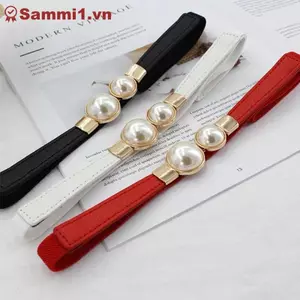 ZK Thắt lưng da PU nữ, ngọc trai, khóa co giãn mỏng