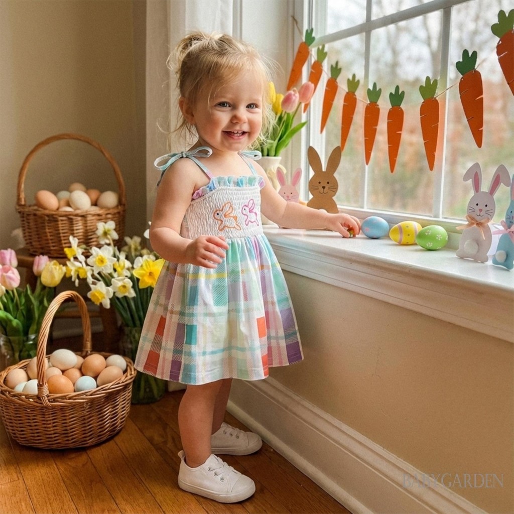 Váy kẻ sọc Phục sinh cho bé gái 6M-4Y | Váy chống nắng dây đeo Spaghetti thêu thỏ