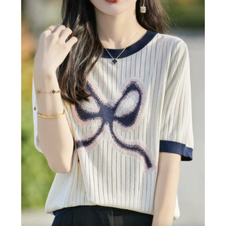 Áo dệt kim ngắn tay nữ mùa hè mỏng lụa băng đơn giản ~
