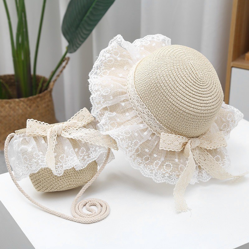 Mũ bé gái có vòng đầu 52Cm vành lượn sóng phối ren nơ ren có dây điều chỉnh vòng đầu