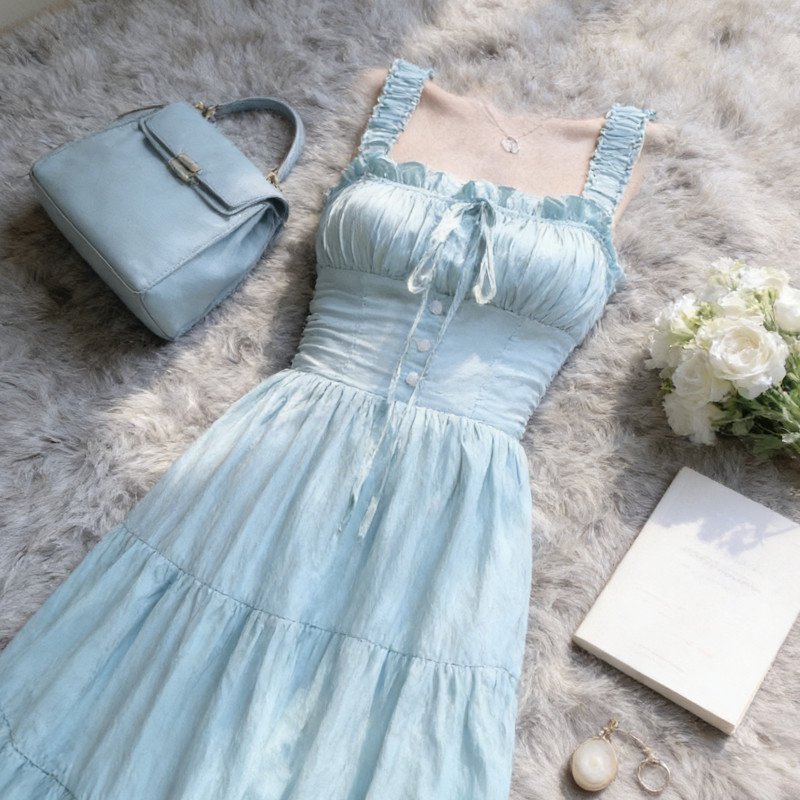 Bạc Hà Sữa Xanh Sling Dress Mùa Hè, Phong Cách Pháp Nhẹ Nhàng với eo nẹp và dáng chữ A dài