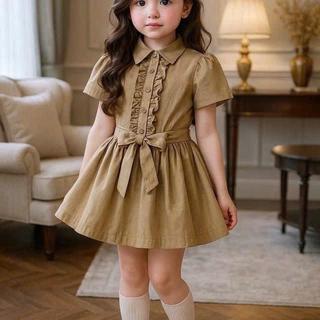 V43-[tomnaukids] Váy xòe phối bèo màu NÂU cột dây cho bé size từ 12-38Kg