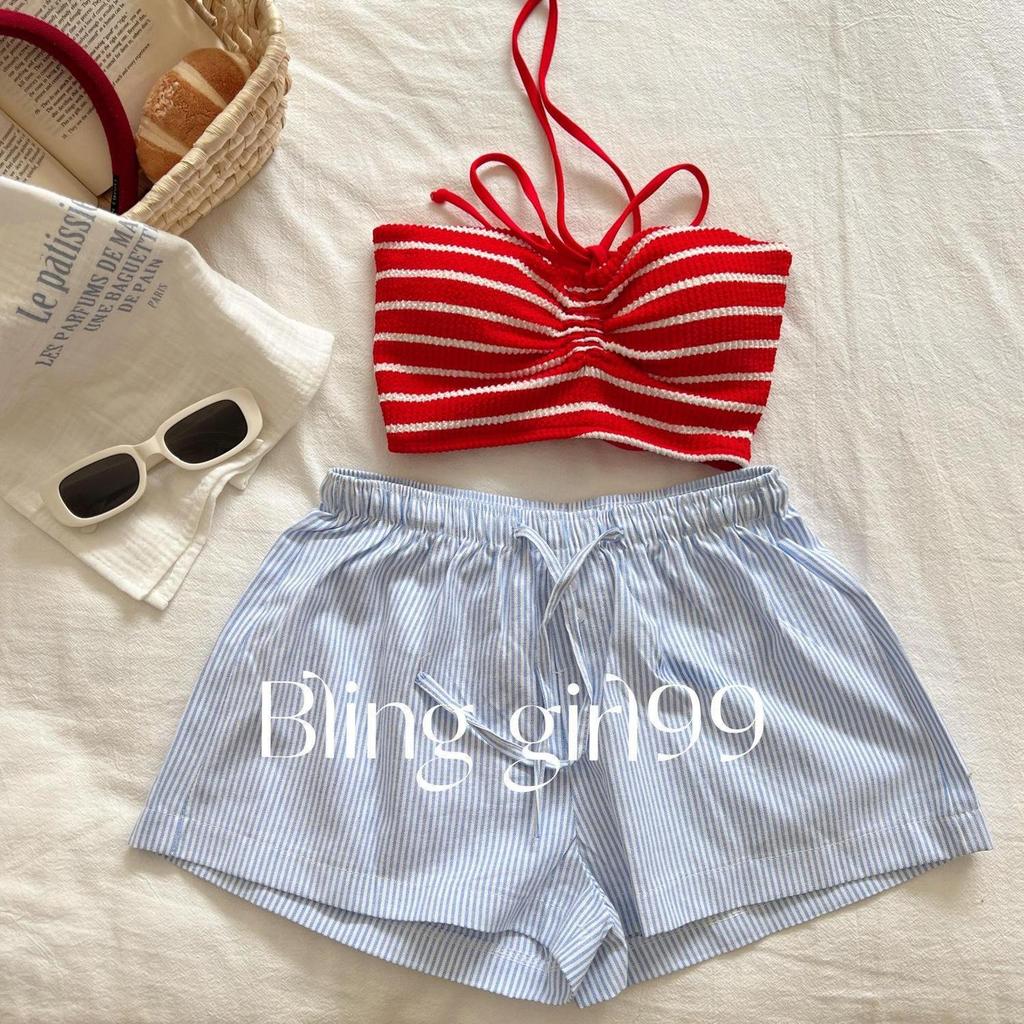 Bikini ba mảnh sọc đỏ retro cao cấp, phù hợp mùa xuân
