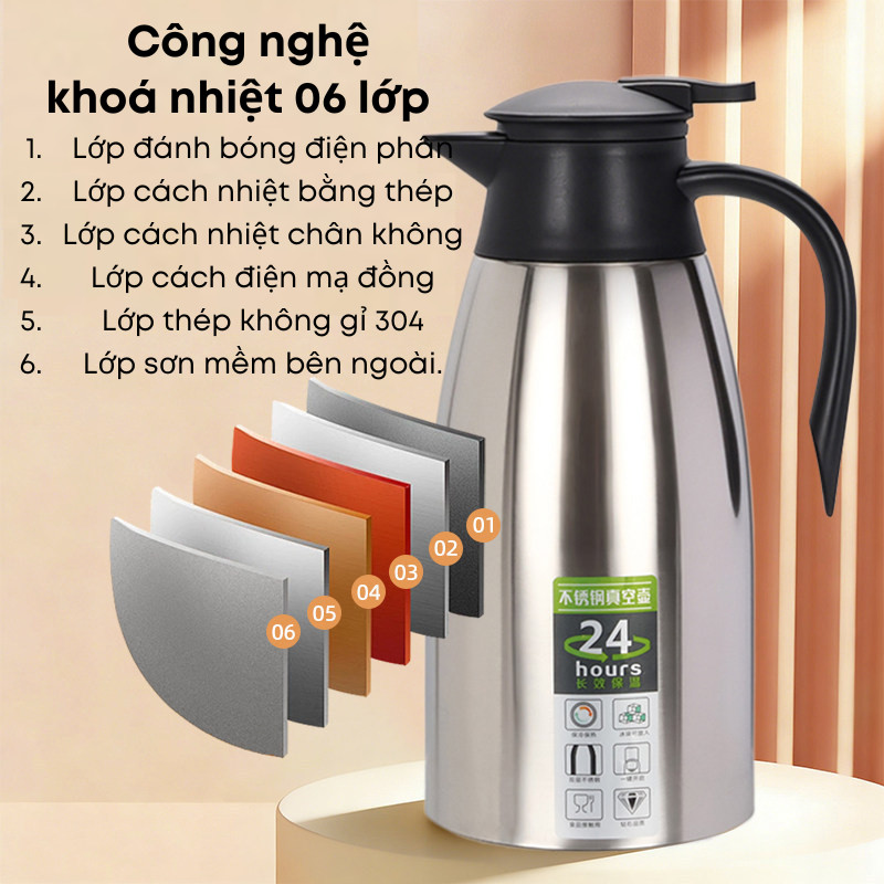 Bình Giữ Nhiệt 2L Inox 304 Cao Cấp 6 Lớp Khoá Nhiệt – Giữ Nóng Lạnh, Có Tay Cầm, Nút Bấm Rót Nước Tiện Lợi | 367