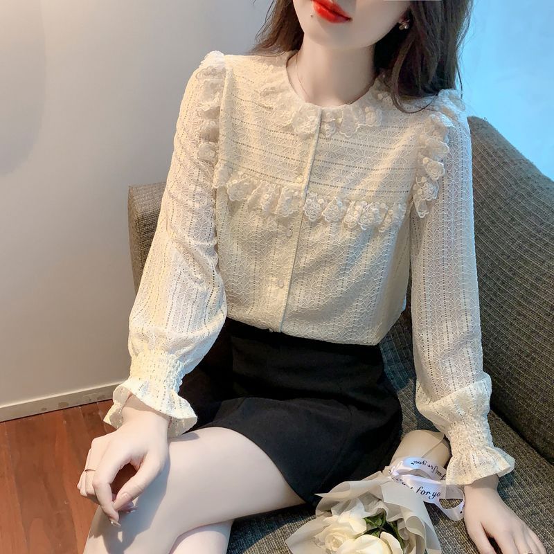 Áo sơ mi ren tay dài nữ, phong cách Hàn Quốc mới mùa thu, áo voan thanh lịch và thời trang, áo đa năng.