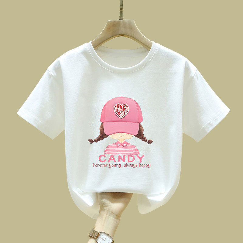 CANDY Mũ Bóng Chày Bé Gái Đồ Họa Áo Hoạt Hình Dễ Thương Cô Gái In Hình Thường Ngày Tay Ngắn Hàng Đầu Hợp Thời Trang Kawaii Thời Trang Để Mặc Hàng Ngày