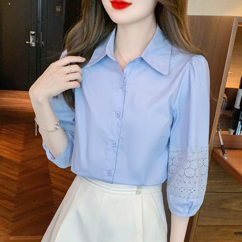 Áo sơ mi nữ cotton tay phồng, dáng rộng, che bụng, áo tay ba phần, phong cách thời trang.