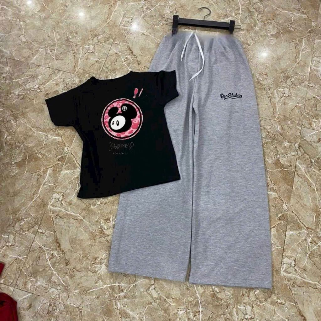 Sét bộ đồ nữ dáng dài da cá màu xám đậm chữ kí +phối áo CROPTOP tăm cờ mỹ -THOITRANGTHUBIO