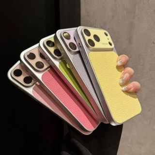 Ốp điện thoại ống kính thủy tinh họa tiết bằng da Litchi cho iPhone 17 Air 16 15 14 13 11 12 Pro Max Plus Vỏ cửa sổ lớn pha lê