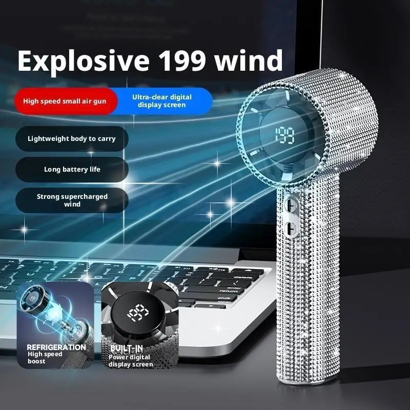 1 Chiếc Kim Cương Sang Trọng Cầm Tay Mini Quạt 199-Gears Có Thể Điều Chỉnh Di Động Cầm Tay Turbo Quạt Hiển Thị Kỹ Thuật Số Ngoài Trời Quạt Điện