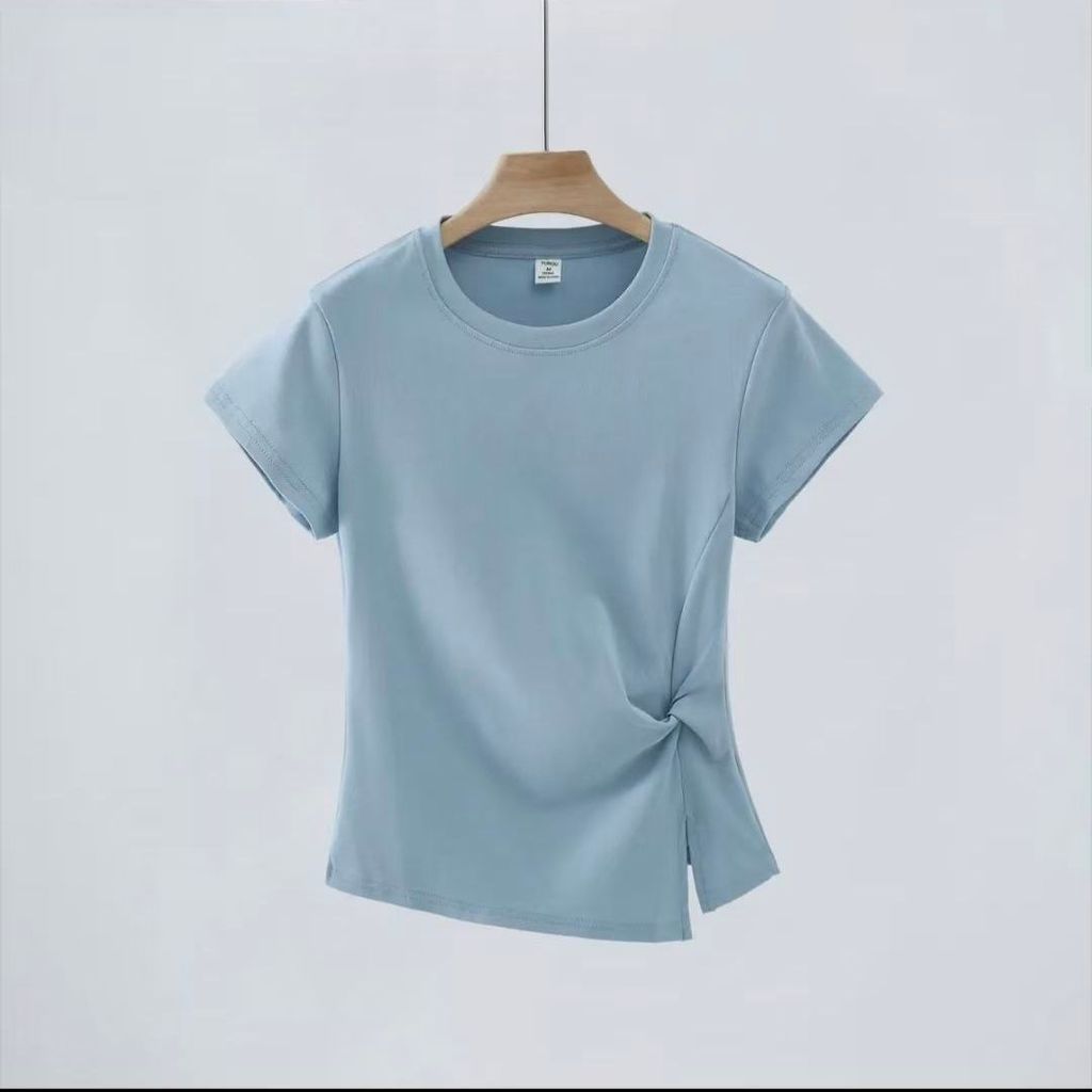 Áo thun nữ short-sleeve với thiết kế thắt nút cổ tròn phong cách Hàn Quốc, phù hợp mùa hè, dáng slim-fit.