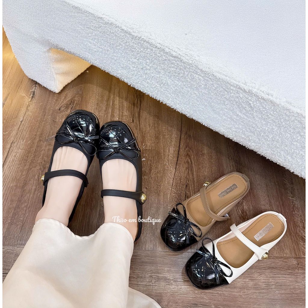 [Thảo Em - SB130] Sục bệt quai ngang dính nơ da bóng phối chần trám phong cách tiểu thư