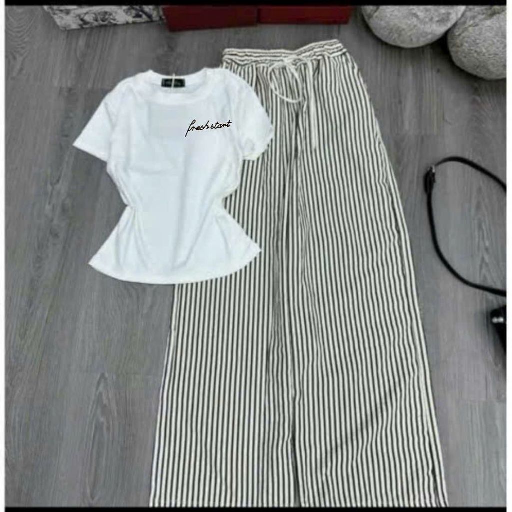 sét bộ quần dài kẻ vằn đũi xốp siêu xinh+mix áo Croptop chữ kí in ng ự c chất tăm-chang3158