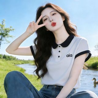 Áo sơ mi Polo nữ phong cách Preppy với đường khâu màu tương phản, phù hợp mùa hè
