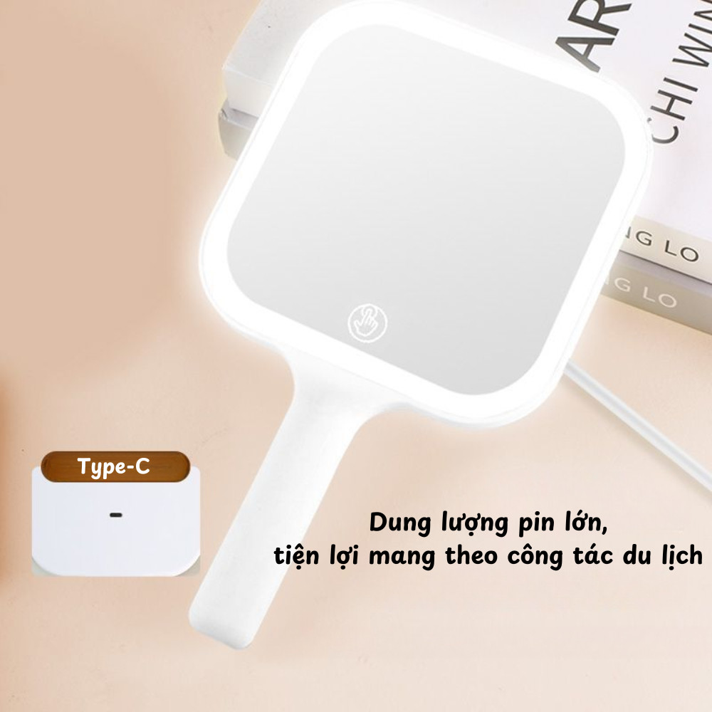 Gương Trang Điểm LED Cầm Tay 3 Chế Độ Ánh Sáng, Gương Makeup Sạc Type-C HD Nhỏ Gọn Nhamoi