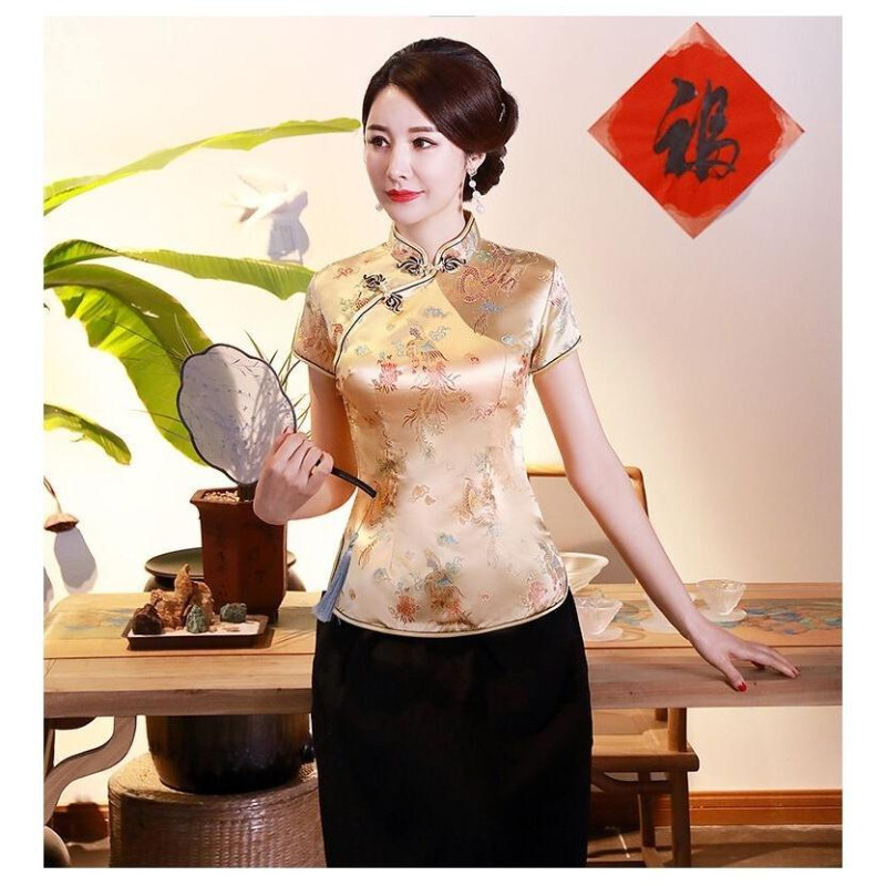 Áo sườn xám phong cách Đường dành cho nữ, có nút, phù hợp mùa hè