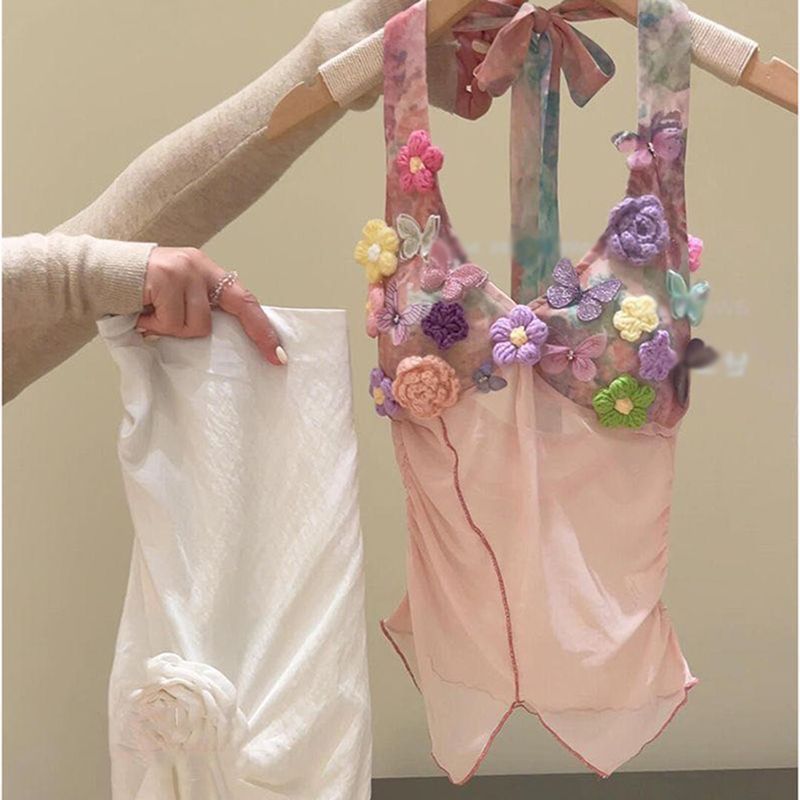 Milyfashion - Áo dây thiết kế ba chiều thêu họa tiết kỳ nghỉ ngọt ngào, có miếng lót ngực, cổ sling mỏng không đều