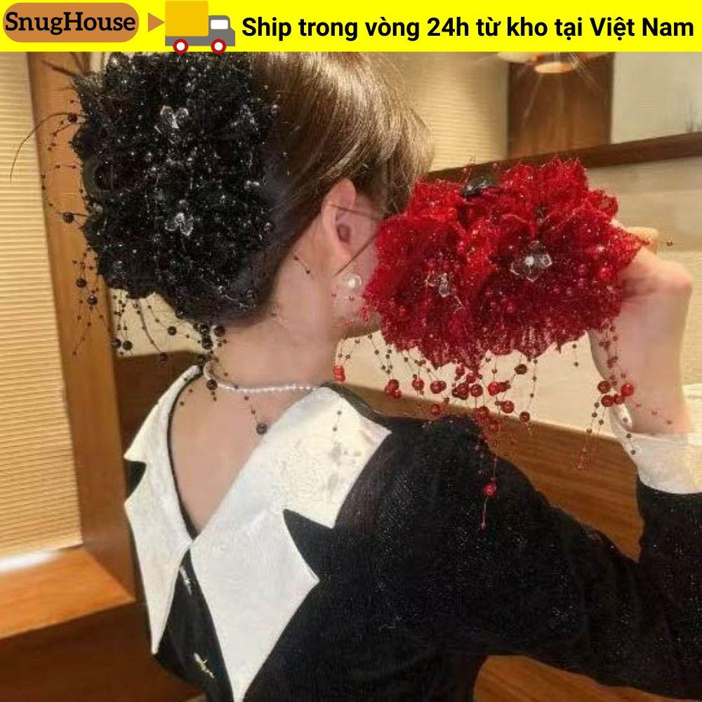Kẹp tóc tua rua nhựa họa tiết hoa mẫu đơn và kim sa lấp lánh, thanh lịch cho nữ