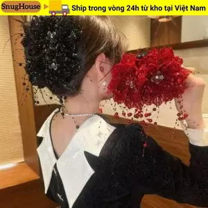 Kẹp tóc tua rua nhựa họa tiết hoa mẫu đơn và kim sa lấp lánh, thanh lịch cho nữ