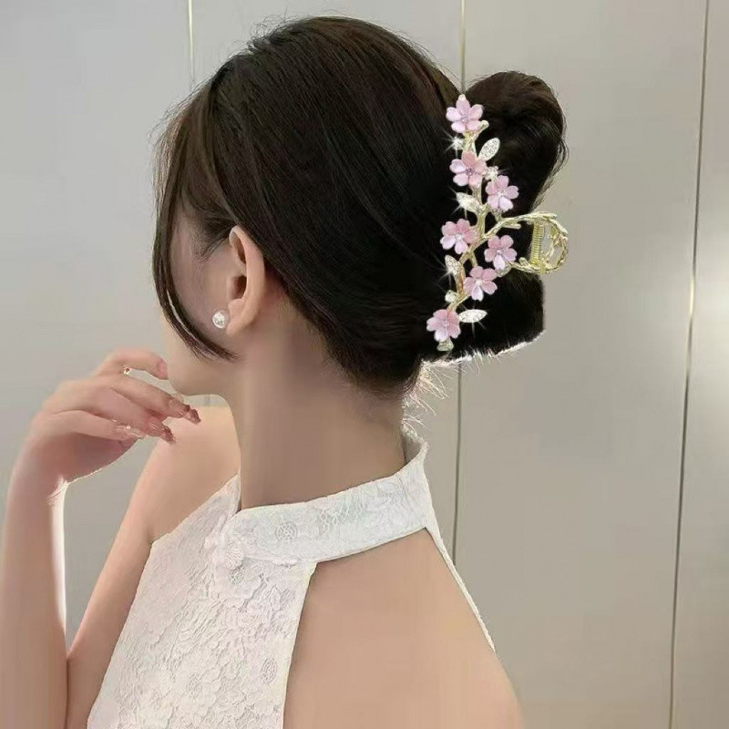 Kẹp tóc hoa hồng nhung lá sen lớn, tua rua, phụ kiện cho nữ