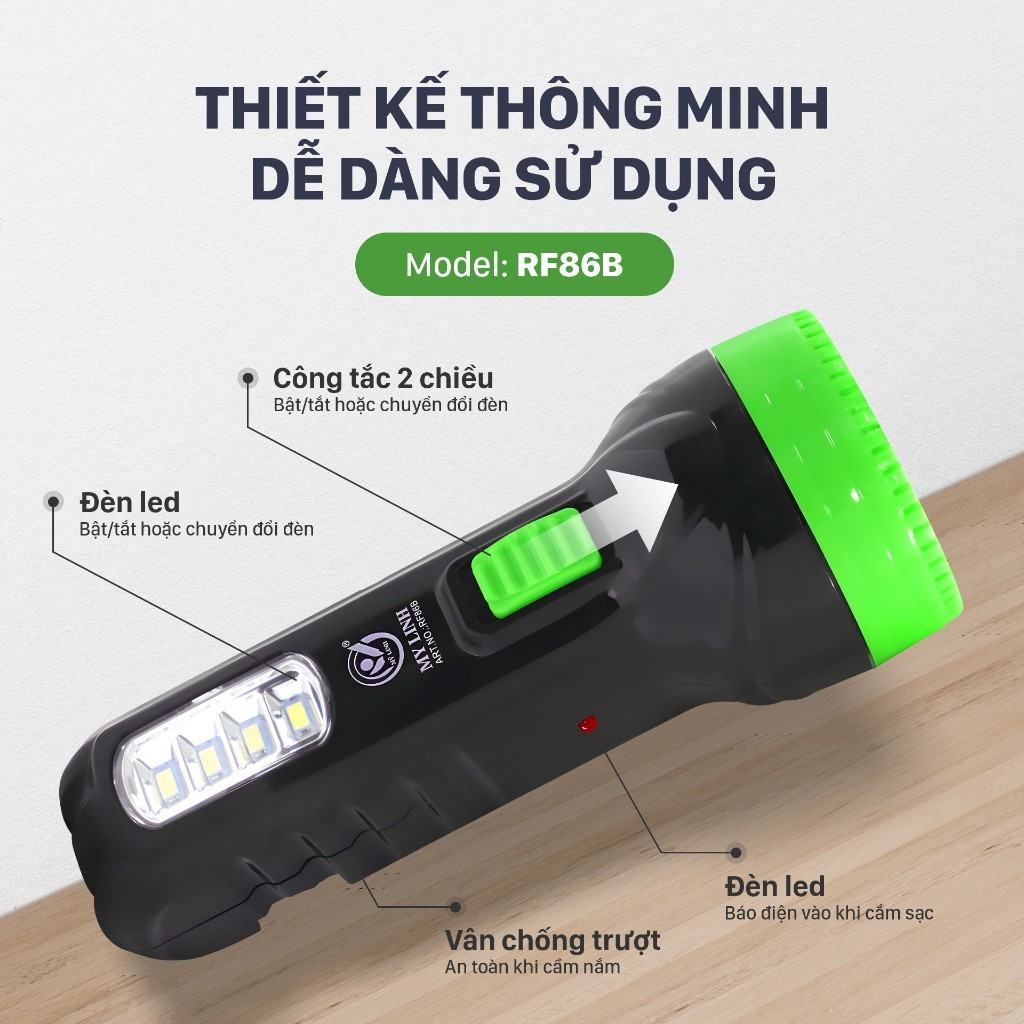 Đèn pin cầm tay RF86 Mỹ Linh, đèn chiếu xa sáng, nhỏ gọn, đèn led tích điện tiện lợi