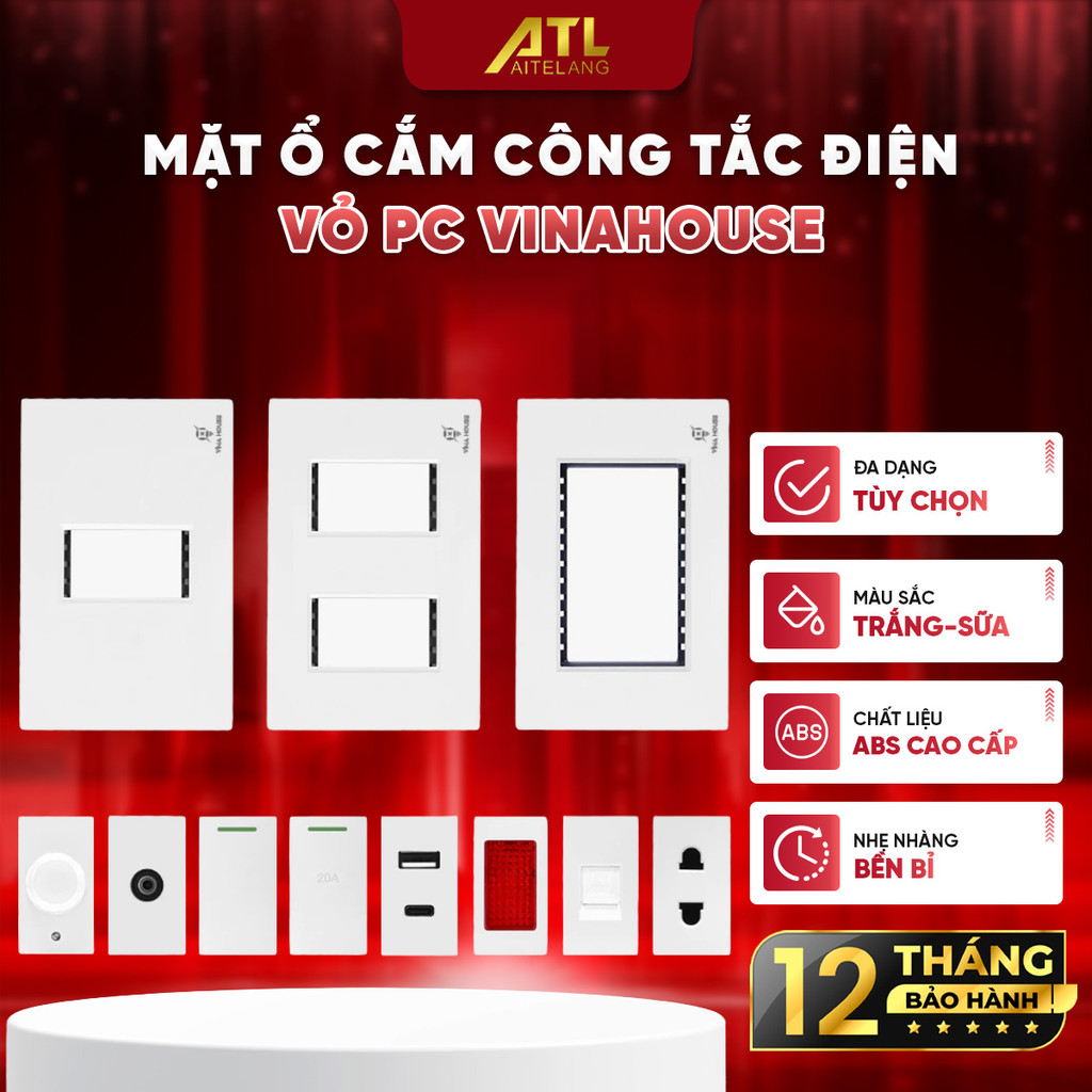 Mặt ổ cắm công tắc điện vỏ PC trắng VinaHouse, bền đẹp, đễ lắp đặt an toàn điện