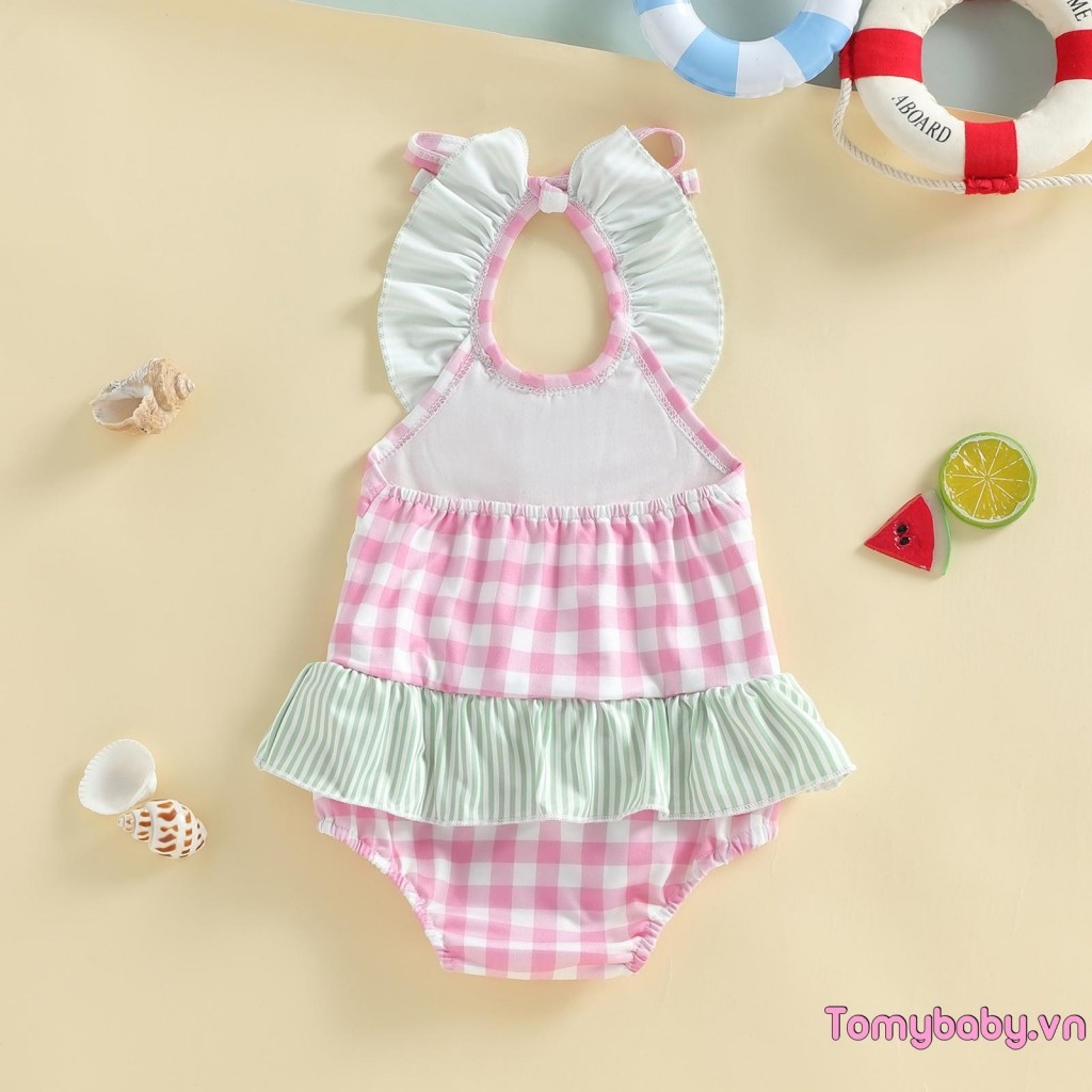Bộ đồ bơi bé gái Kẻ sọc dưa hấu thêu dây buộc không tay Bộ đồ tắm xếp nếp
