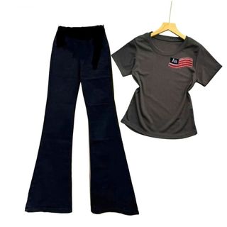 sét bộ quần ống loe dáng dài + mix áo thun CROPTOP dáng ngắn chất tăm lạnh siu xinh-thuba94