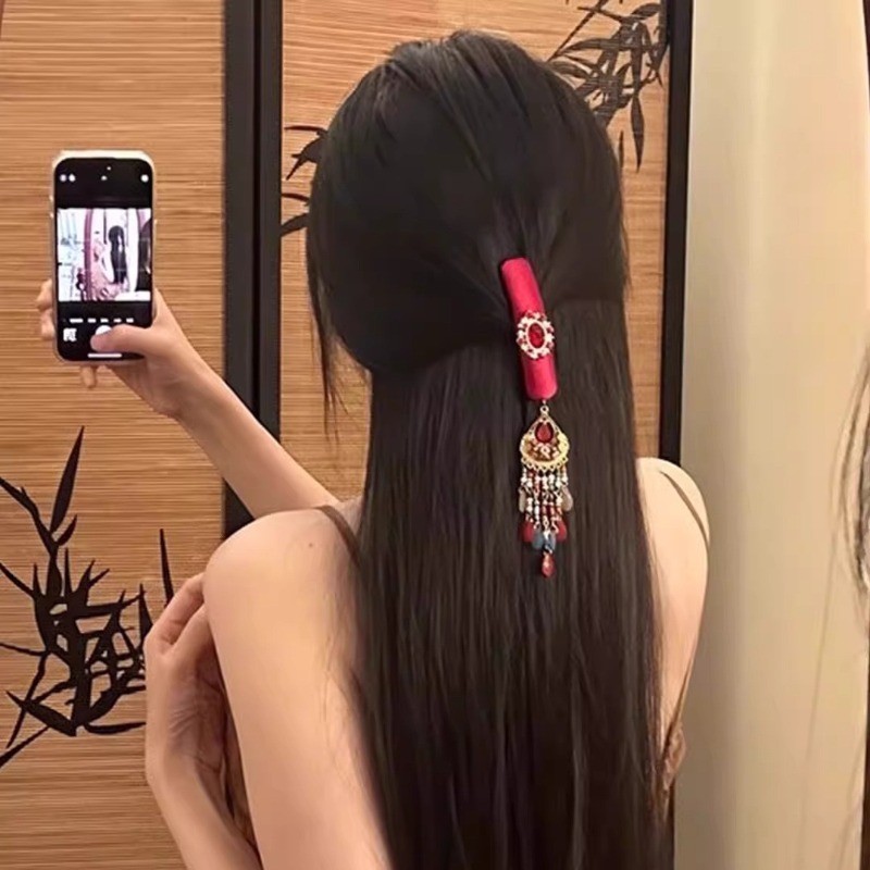 Kẹp Tóc Tua Rua Màu Đỏ Phong Cách Truyền Thống Trung Quốc - Phụ Kiện Thời Trang Dành Cho Nữ