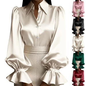 Áo kiểu nữ có cổ Satin có nút phía trước tay phồng xù loe Cuff Áo kiểu công sở thanh lịch Công sở công sở thông thường