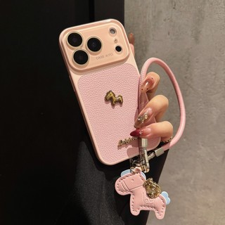 Phim Bảo Vệ Ống Kính Kính Làm Giàu 3D Ngựa Vàng Cam Da PU Wrsit Dây Đeo Vỏ Điện Thoại Cho iPhone 17Promax 14 15 16 Pro Max 17Pro Vỏ Di Động Nữ Chống Sốc