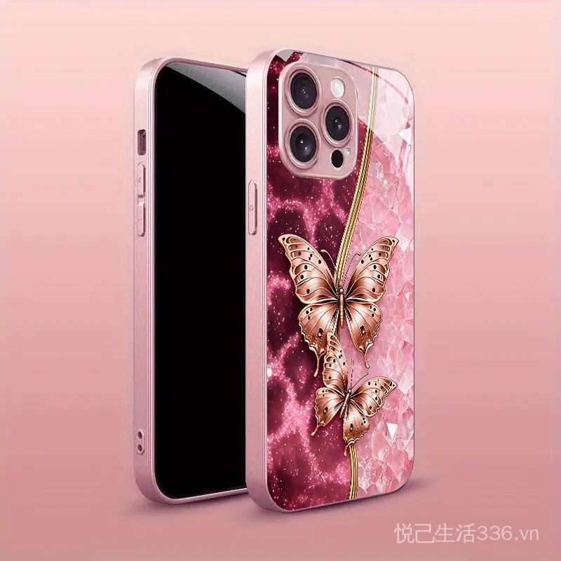 Bướm màu hồng mạ vàng Thích hợp cho vỏ điện thoại 17pro iPhone16PLUS / 14promax Vỏ kính Xs