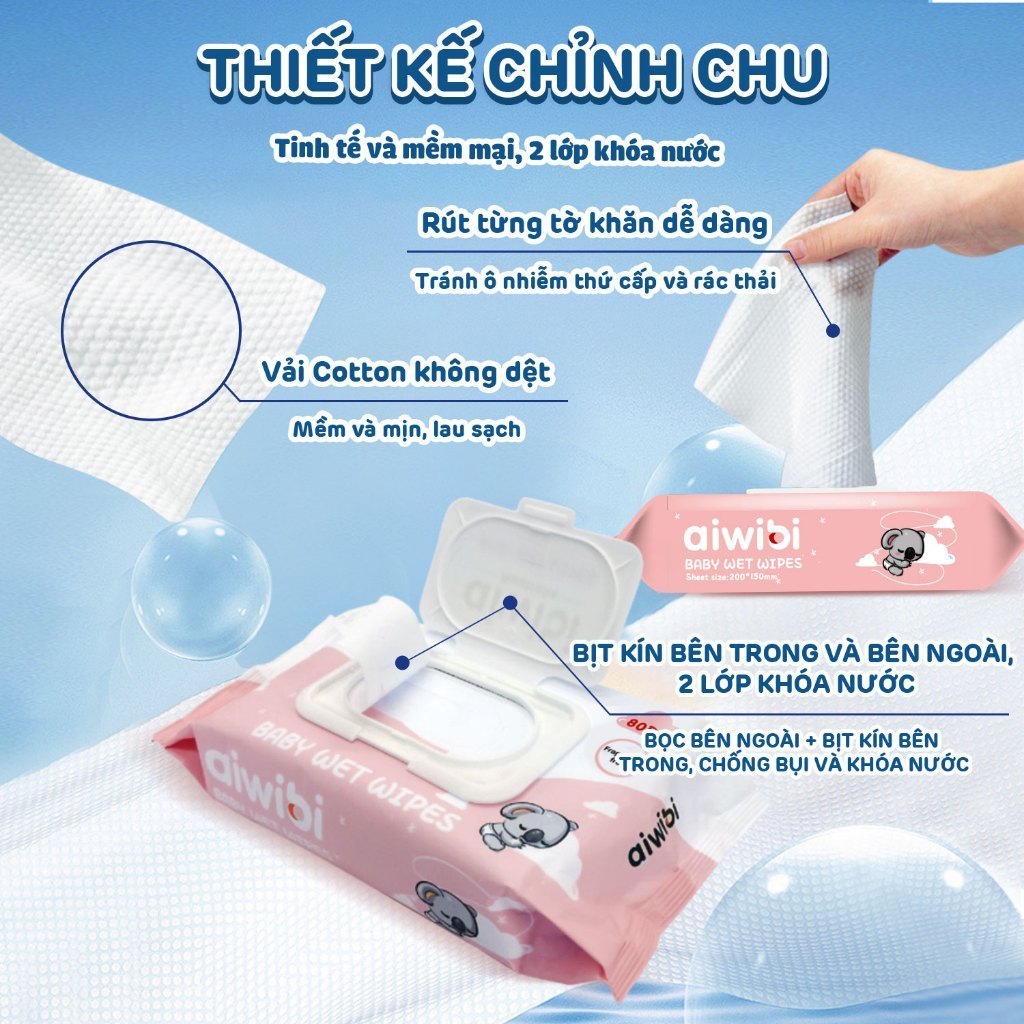 [Combo 10] Khăn Ướt Không Cồn Aiwibi Dịu Nhẹ, An Toàn Cho Da Nhạy Cảm (1 Gói 80 Miếng)
