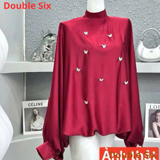 Áo Sơ Mi Tay Bồng Họa Tiết Bướm .Double - Six. Somi Babydoll Lụa Đỏ Mận Phong Cách.
