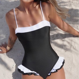 Biкиni một mảnh đen trắng lưng ruffled cho nữ