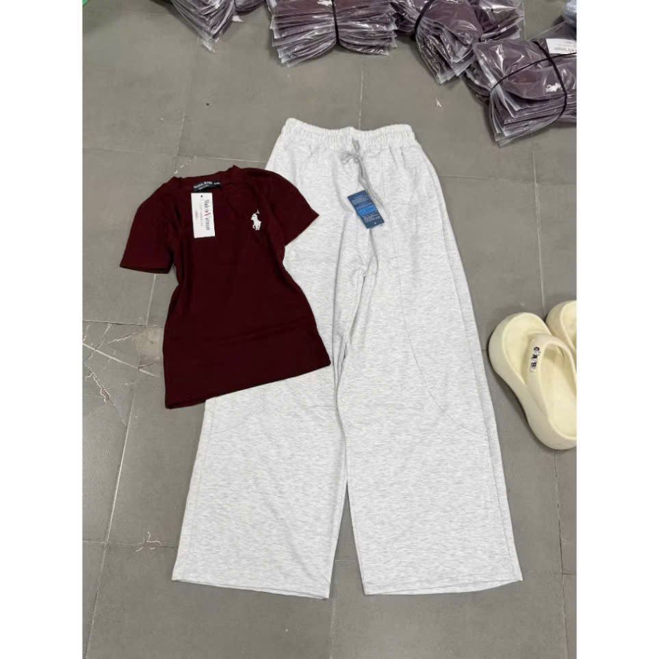 Sét quần ống rộng da cá dài THÊU NGỰA  xám tiêu + phối áo thun CROPTOP nơ xinh in giữa áo