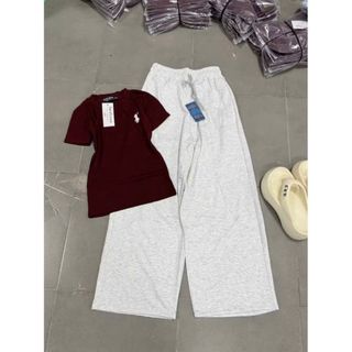 Sét quần ống rộng da cá dài THÊU NGỰA  xám tiêu + phối áo thun CROPTOP nơ -thuba94