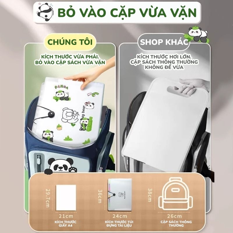 Túi đựng tài liệu A4 PP nhiều ngăn 8/12 – Sticker gấu trúc dễ thương cho học sinh & văn phòng