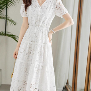 Đầm ngắn tay màu trắng kiểu Pháp, thiết kế khoét lỗ, dành cho nữ, đầm dài dáng thanh lịch mùa hè